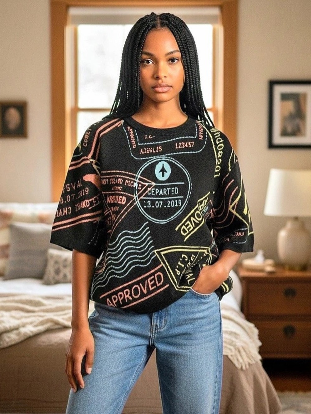 Coney Island Picnic Passport Knit Graphic Knit Short Sleeve Sweater Top Large